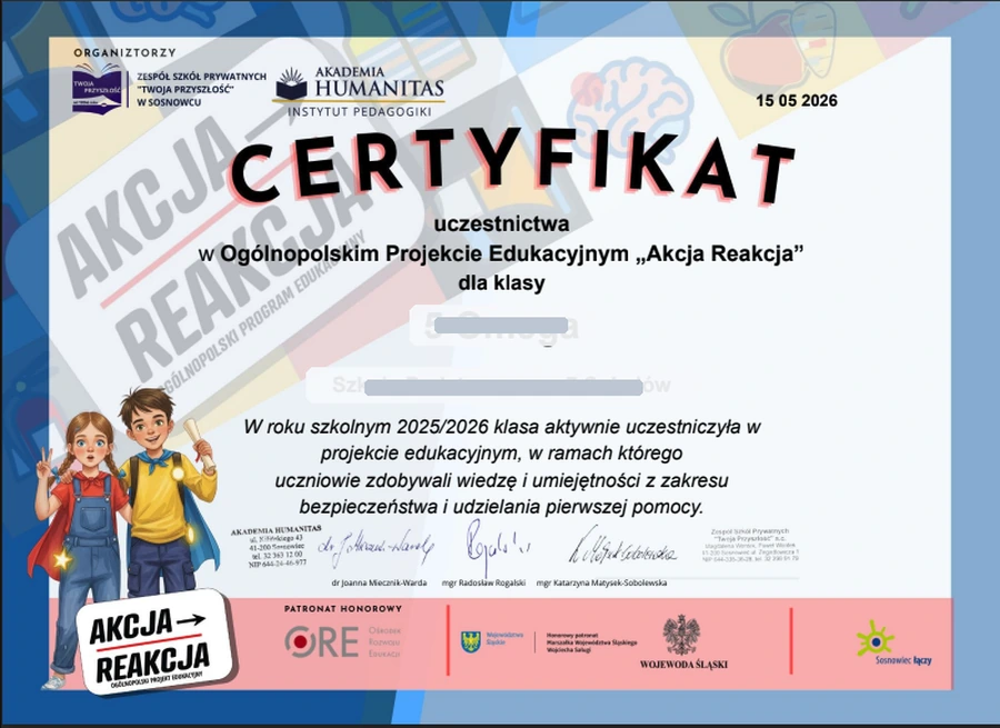 Przykładowy certyfikat udziału w projekcie Akcja-Reakcja bez danych szkoły i klasy